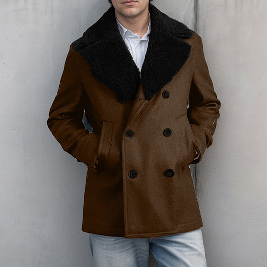 Stylish Men s Wool Pea Coat with Contrast Color Detail Double Breasted Design a image 0