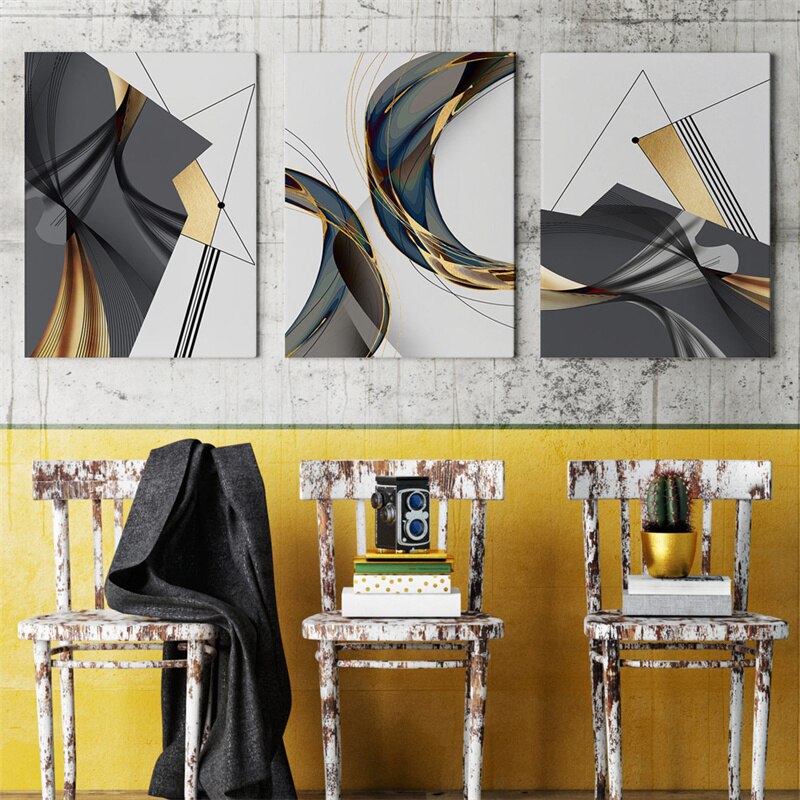Modern Abstract Geometric Canvas Painting Black Gold Lines Wall Art Poster Pict image 4