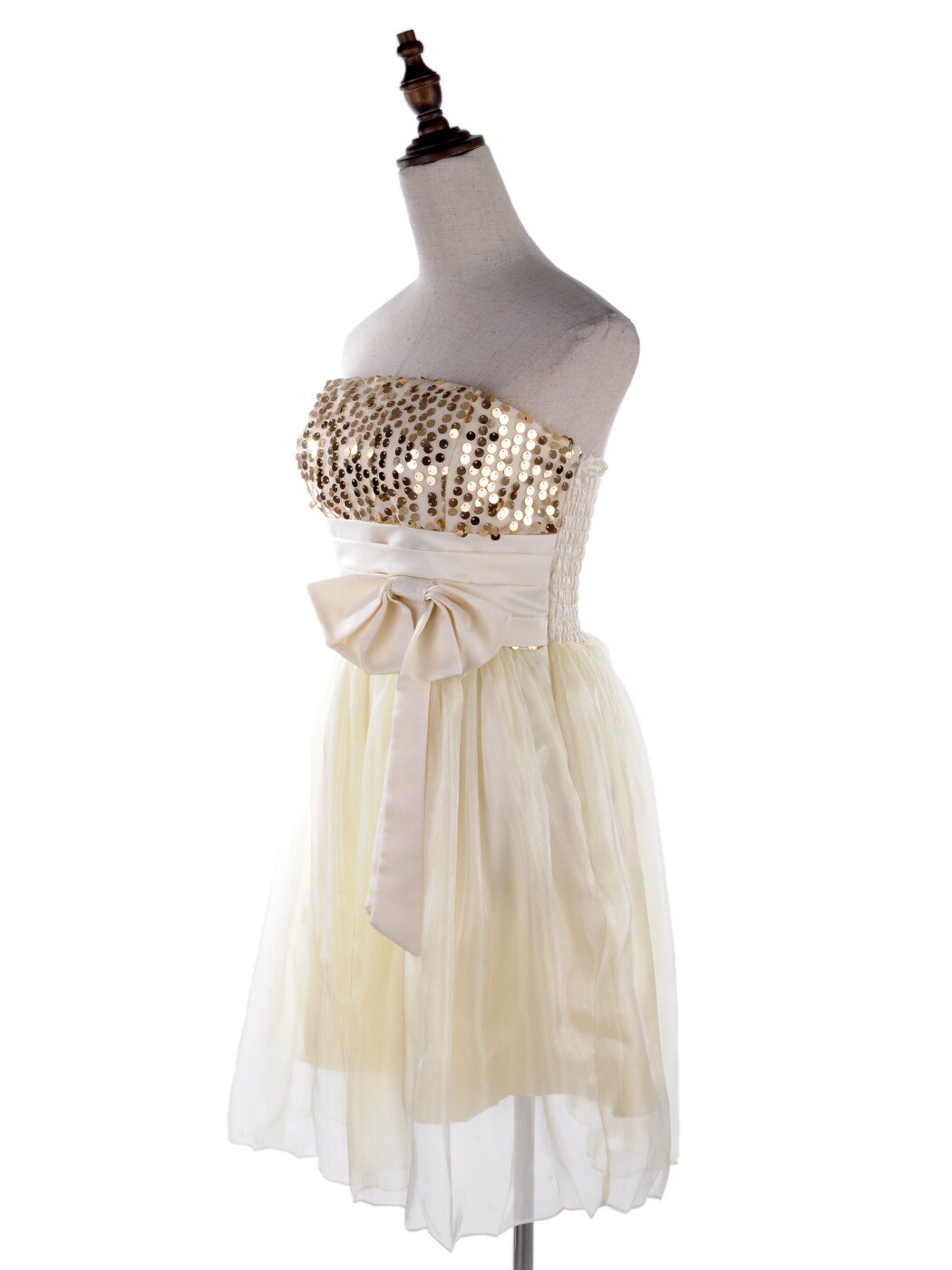 Womens Yellow Gold Sequin High Waisted Bow Strapless Tube Top Dress Dinner image 3