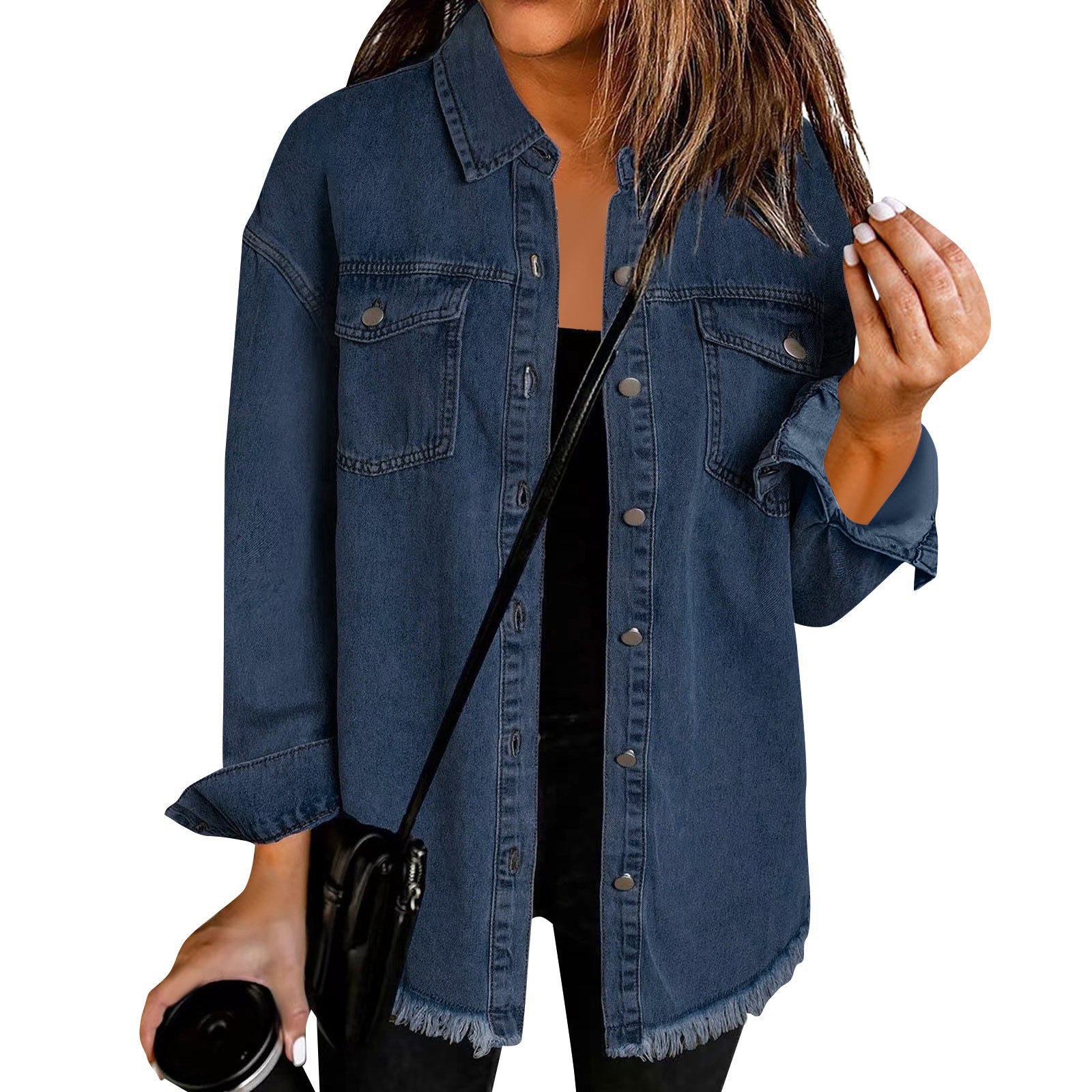 Women'S Fashion Denim Shirt Jacket Milled Hem Button Casual Long Sleeve Jacket  image 7