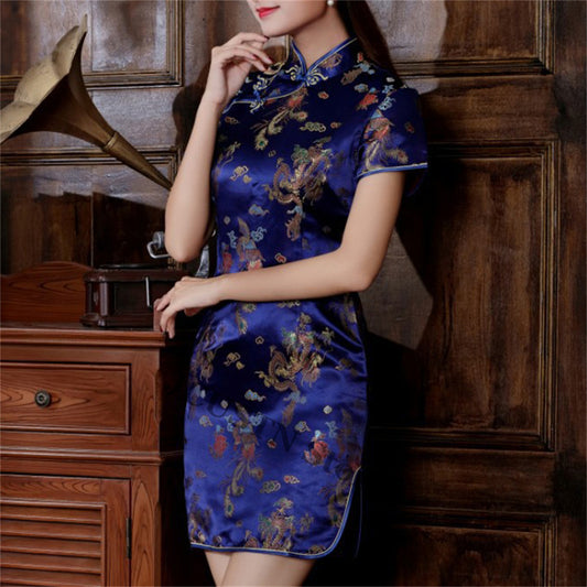 Short Cheongsams Sexy Girl Qiapo Improved Chinese Style Dress Gold Dragon Phoen image 0