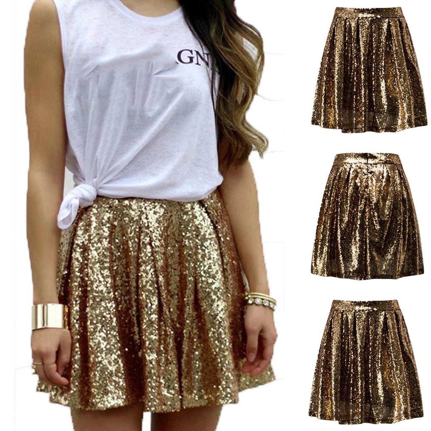 Women's Fashion High Waist Pleated Gold A-Line Short Skirt Loose Sequin Skirt P image 0