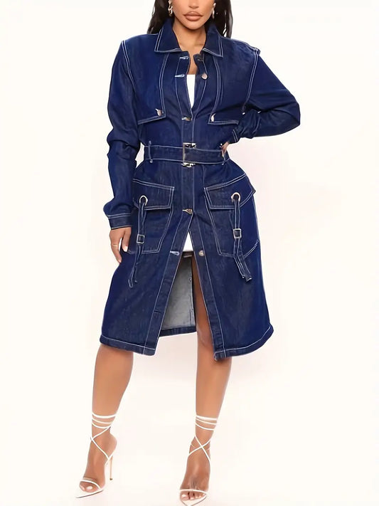 Women's Blue Denim Trench Coat - Elegant Long Jean Jacket with Belt, Flap Pocke image 0