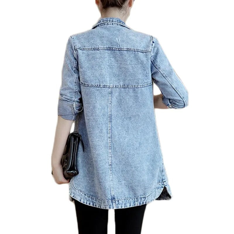 New Autumn Winter Korean Denim Jacket 5XL Women Slim Long Base Coat Women's Fra image 6