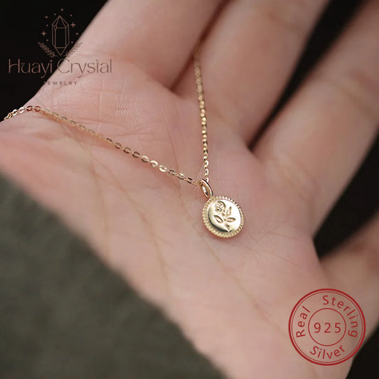 Rose small coin S925 sterling silver plated K gold necklace bead edge glossy ca image 0