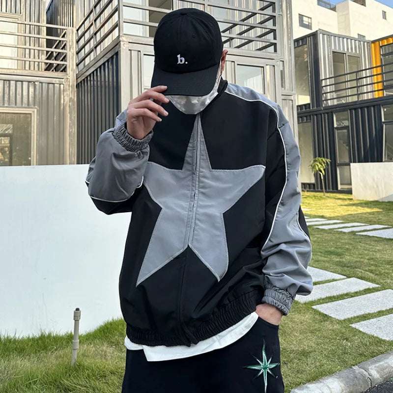 Retro Bomber Jacket Men Women Five-pointed Star Patchwork High Street Varsity C image 3