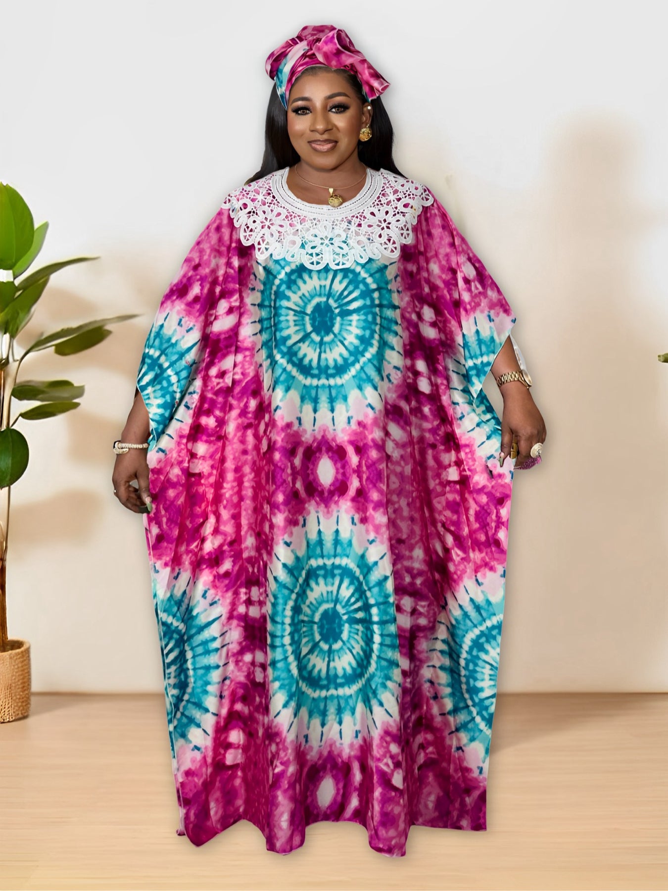 Plus Size Colorblock Tie Dye Pattern Kaftan Dress, Elegant Crew Neck Batwing Sl image 0