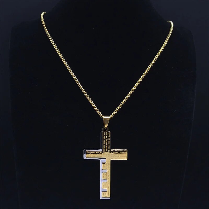 Cross Christian Church Prayer Necklace Men Stainless Steel Gold Color Bible Amu image 8
