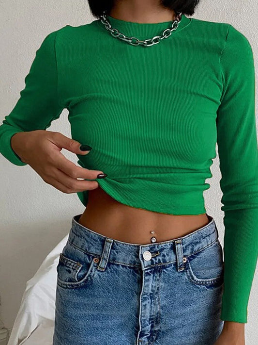 Ribbed Neck T Shirt Green Women Spring Ladies Clothes Solid Slim Mesh Cute Crop image 0
