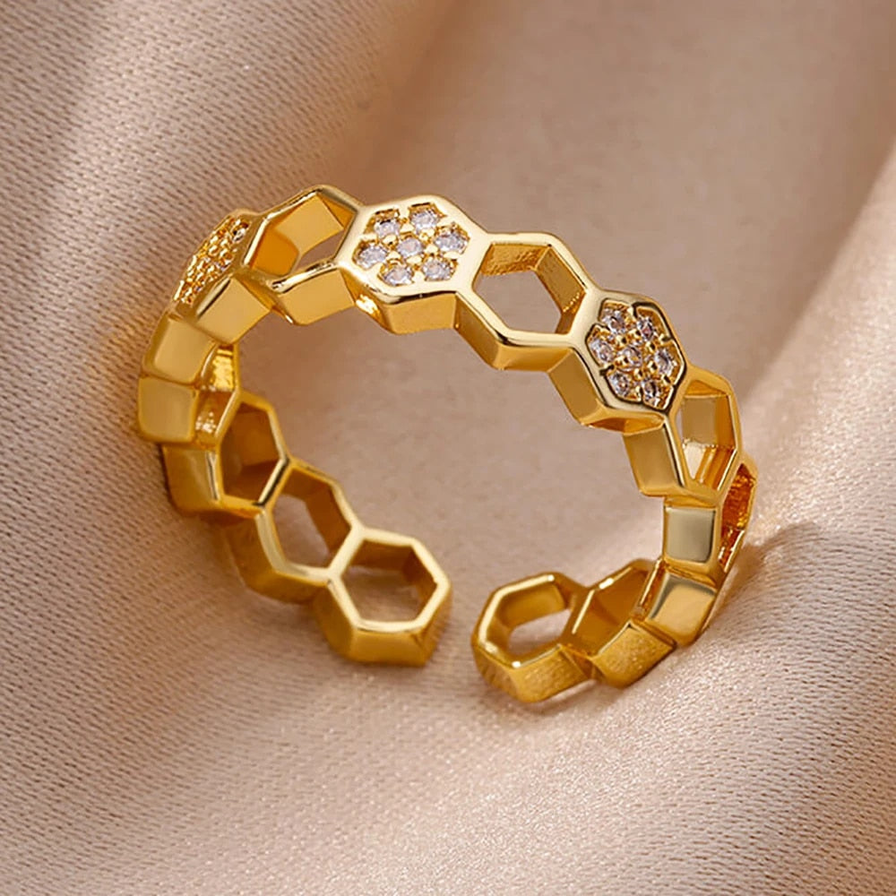 Fashion Gold Color Stainless Steel Rings For Women Chain Hollow Out Crystal Zir image 1