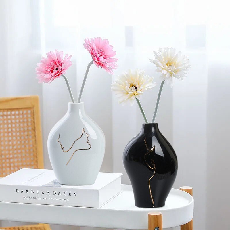 Modern Ceramic Vase Simplicity Abstract Gold Painted Vases Flower Arrangement A image 1