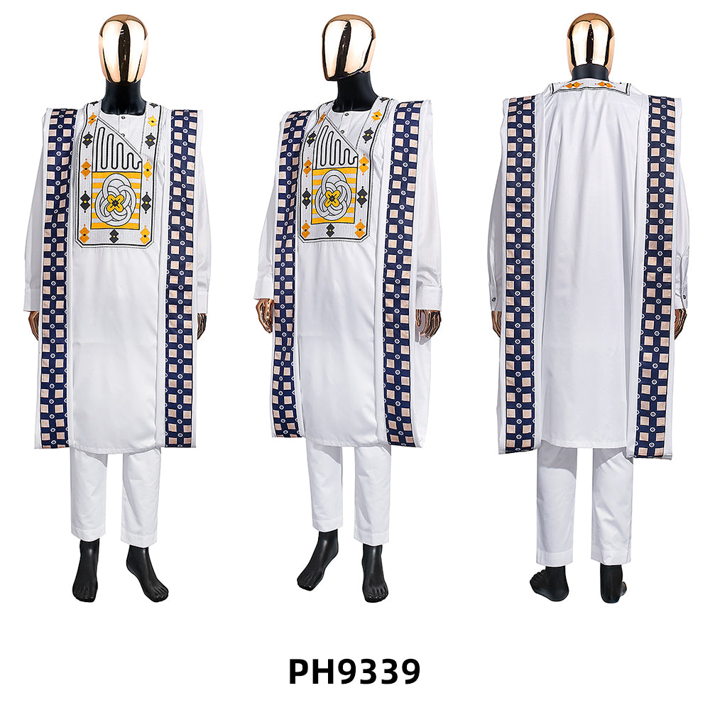 H&D African Clothes for Men Traditional Rich Bazin Original   Embroidery White image 2