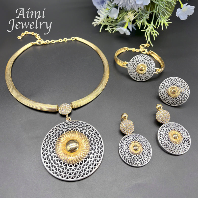 Large Round Pendant 18K Gold Plated Jewelry Set for Women Necklace Earrings Bra image 5