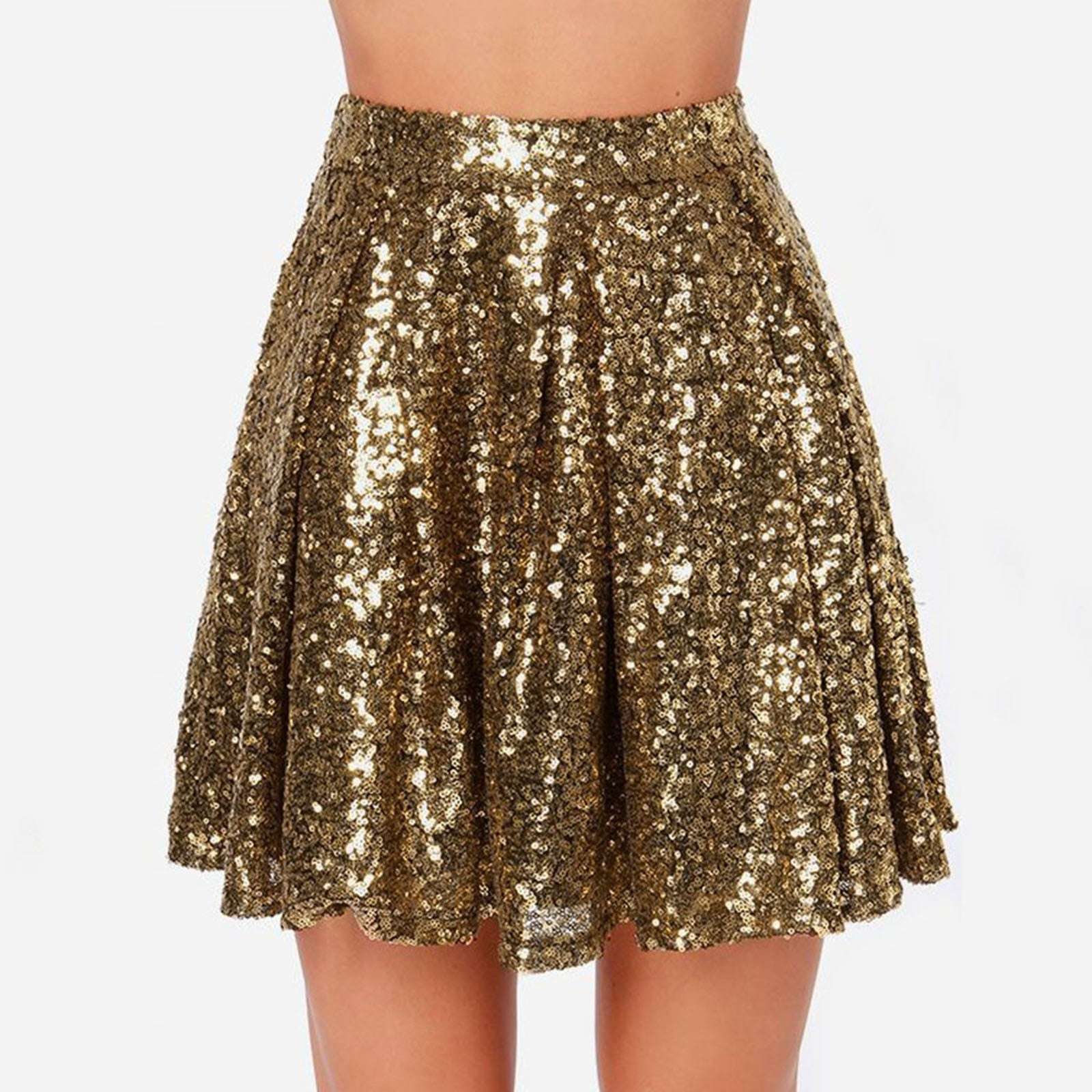 Women's Fashion High Waist Pleated Gold A-Line Short Skirt Loose Sequin Skirt P image 3