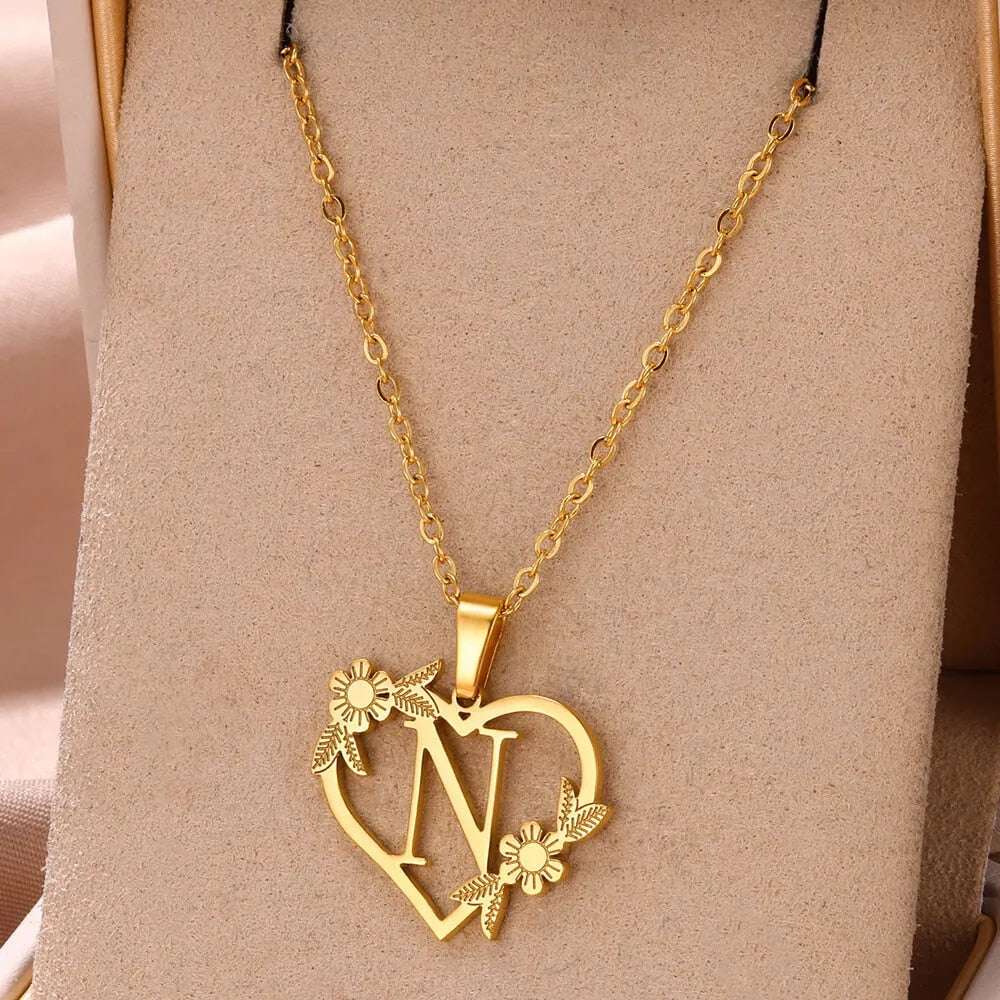 Gold Color Dainty Flower Initials Necklace Women Girl Stainless Steel Heart Let image 13