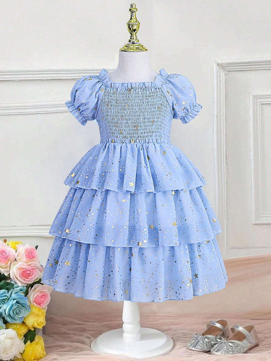 Toddler Girls Gold Star Print Puff Sleeve Layer Hem Dress image 0
