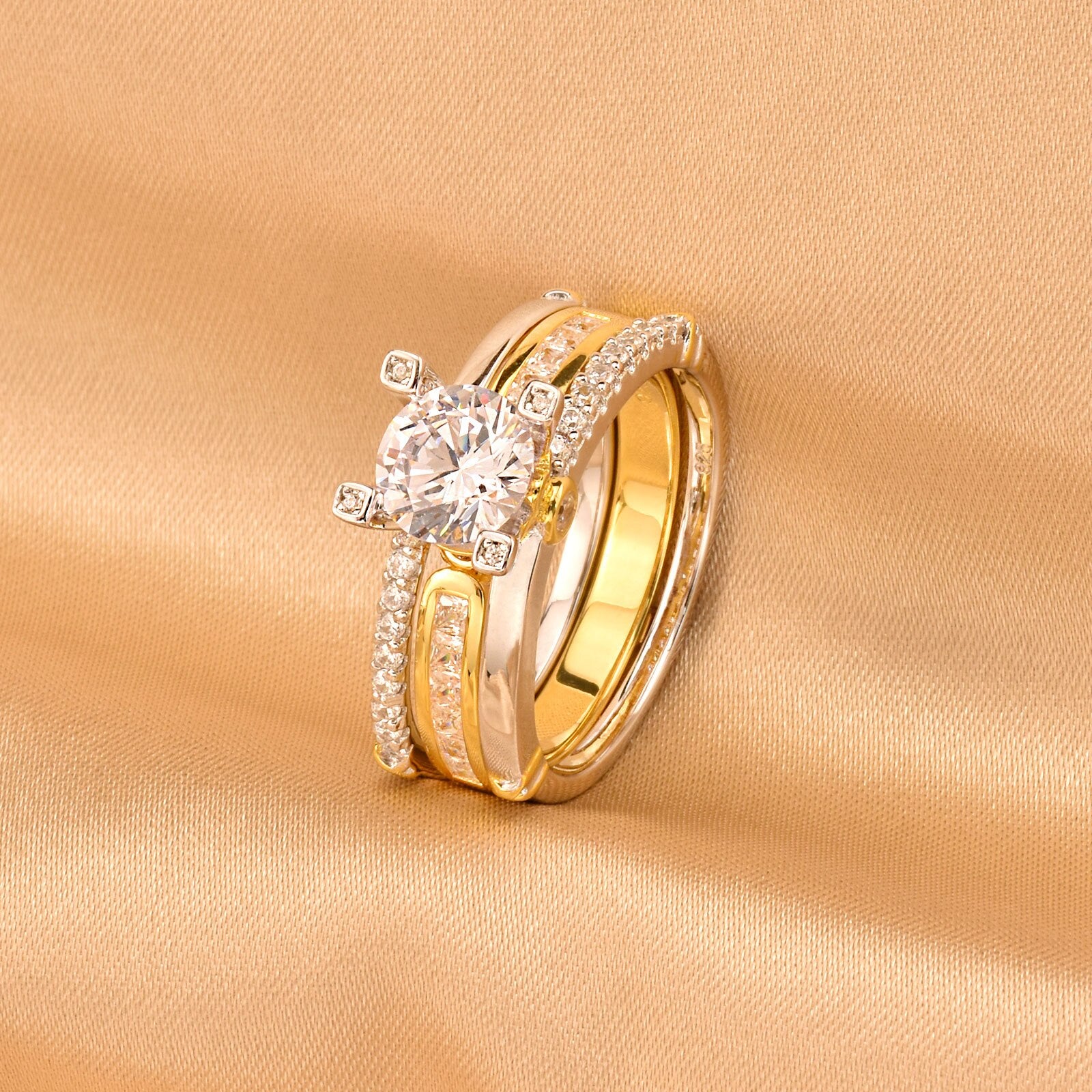 Newshe Multi Tone Yellow Gold 925 Sterling Silver Wedding Engagement Ring image 2