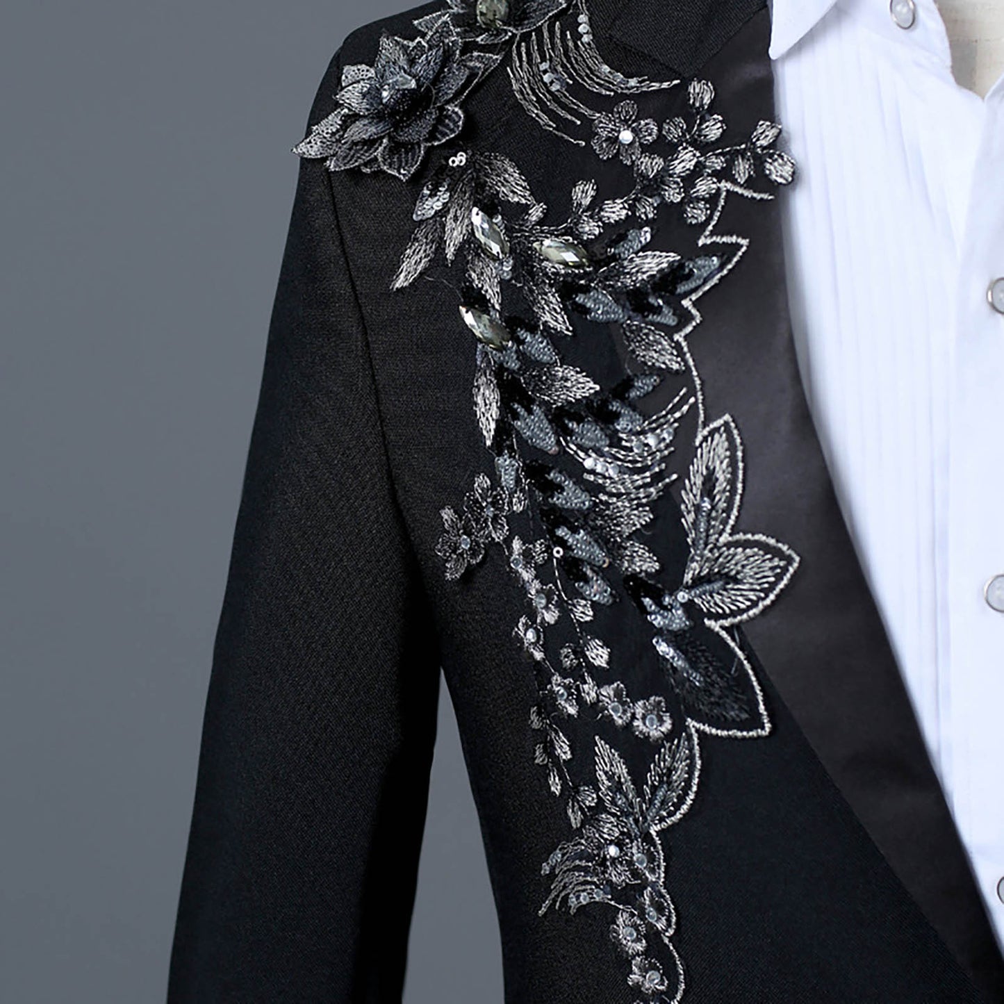 Floral Embroider Men's Suits Singer Nightclub Wedding Party Host One Button Sli image 6