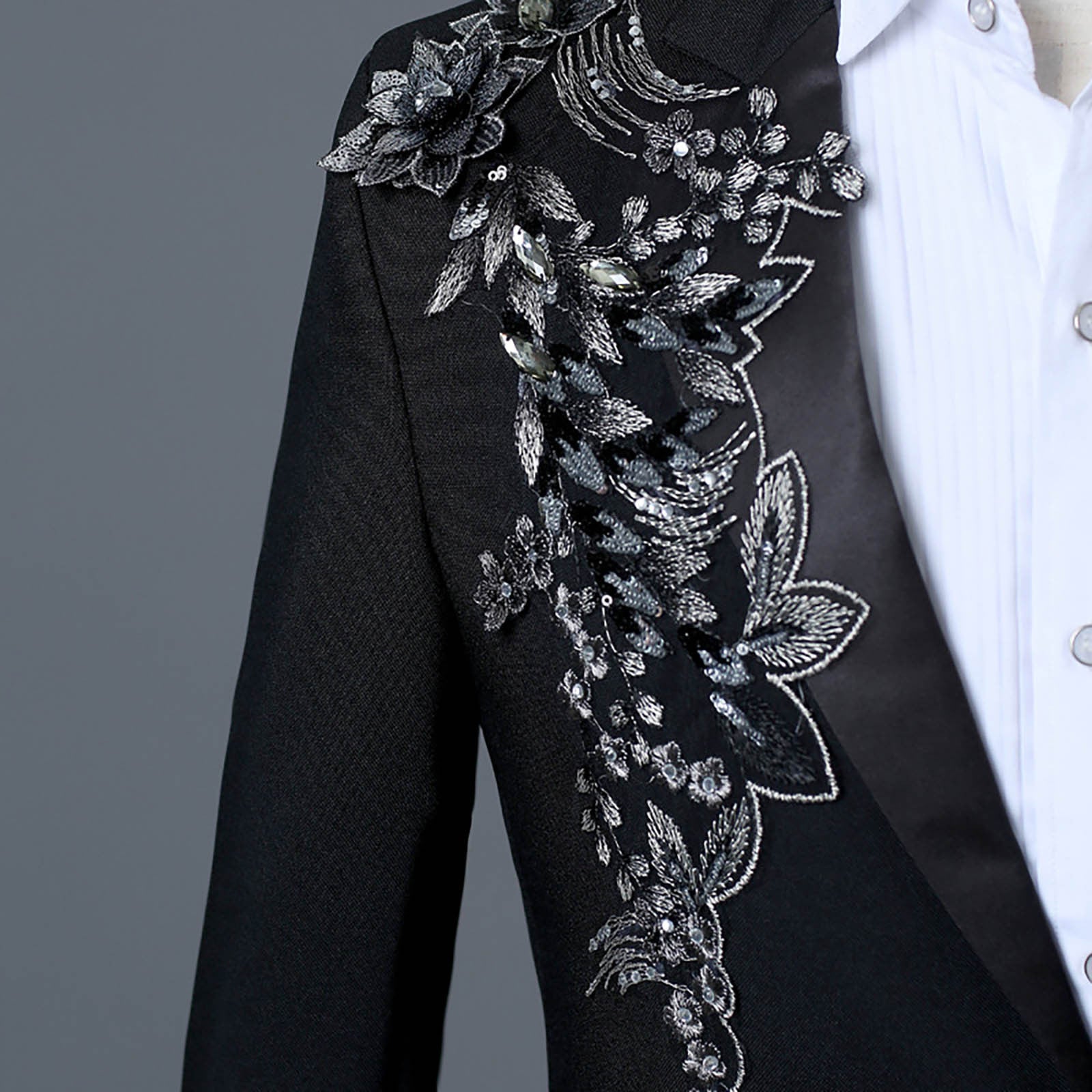 Floral Embroider Men's Suits Singer Nightclub Wedding Party Host One Button Sli image 6