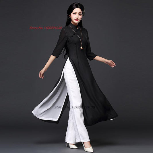 2024 traditional folk style aodai dress+pants set vietnam chiffon aodai elegant image 0