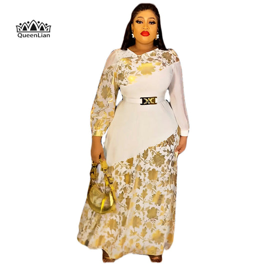 Gorgeous golden printed African dress with belt, perfect for dinner attire image 0