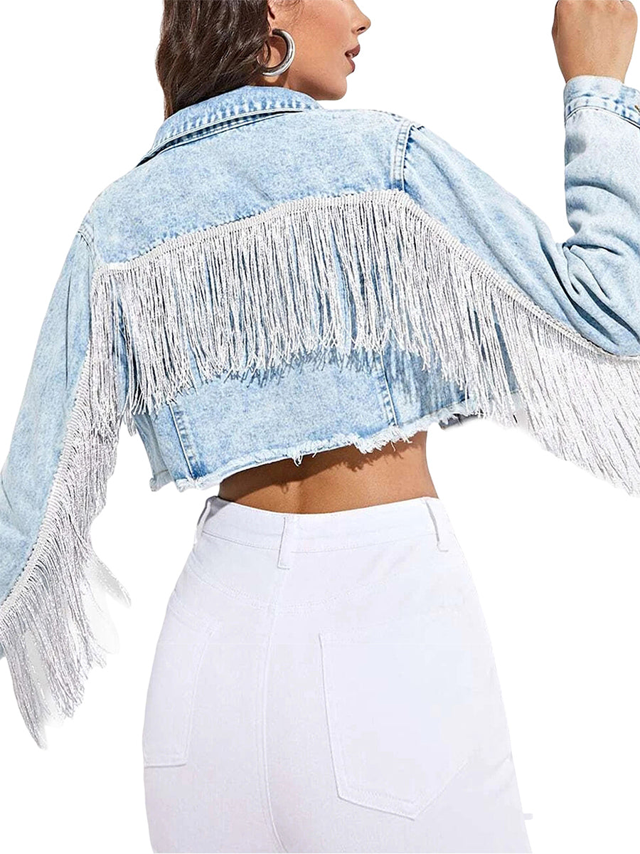 Women s Denim Jacket with Long Sleeves Turn-down Collar Button Closure and Tass image 3