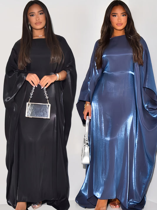 Batwing Butterfly Sleeve Satin Khimar Abaya Dubai Muslim Maxi Dress Kaftan Abay image 0