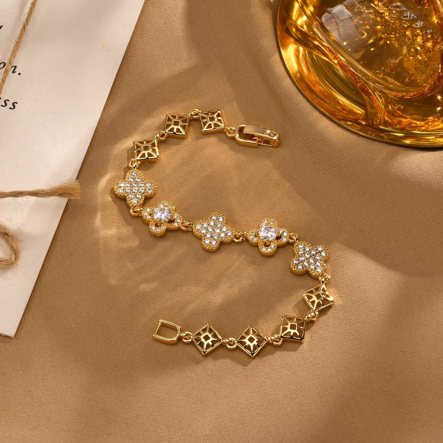 Cubic Zirconia Clover Bracelet for Women18k Gold Plated Link Statement Jewelry image 19
