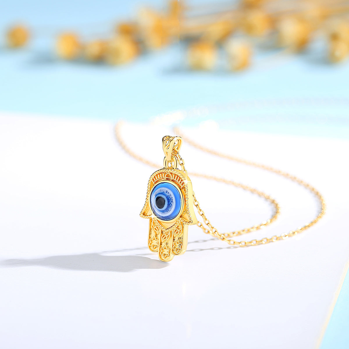 Szjinao 100% 18k Real Gold Evil Eye Necklace Hand Luxury Design With K Gold Cer image 3