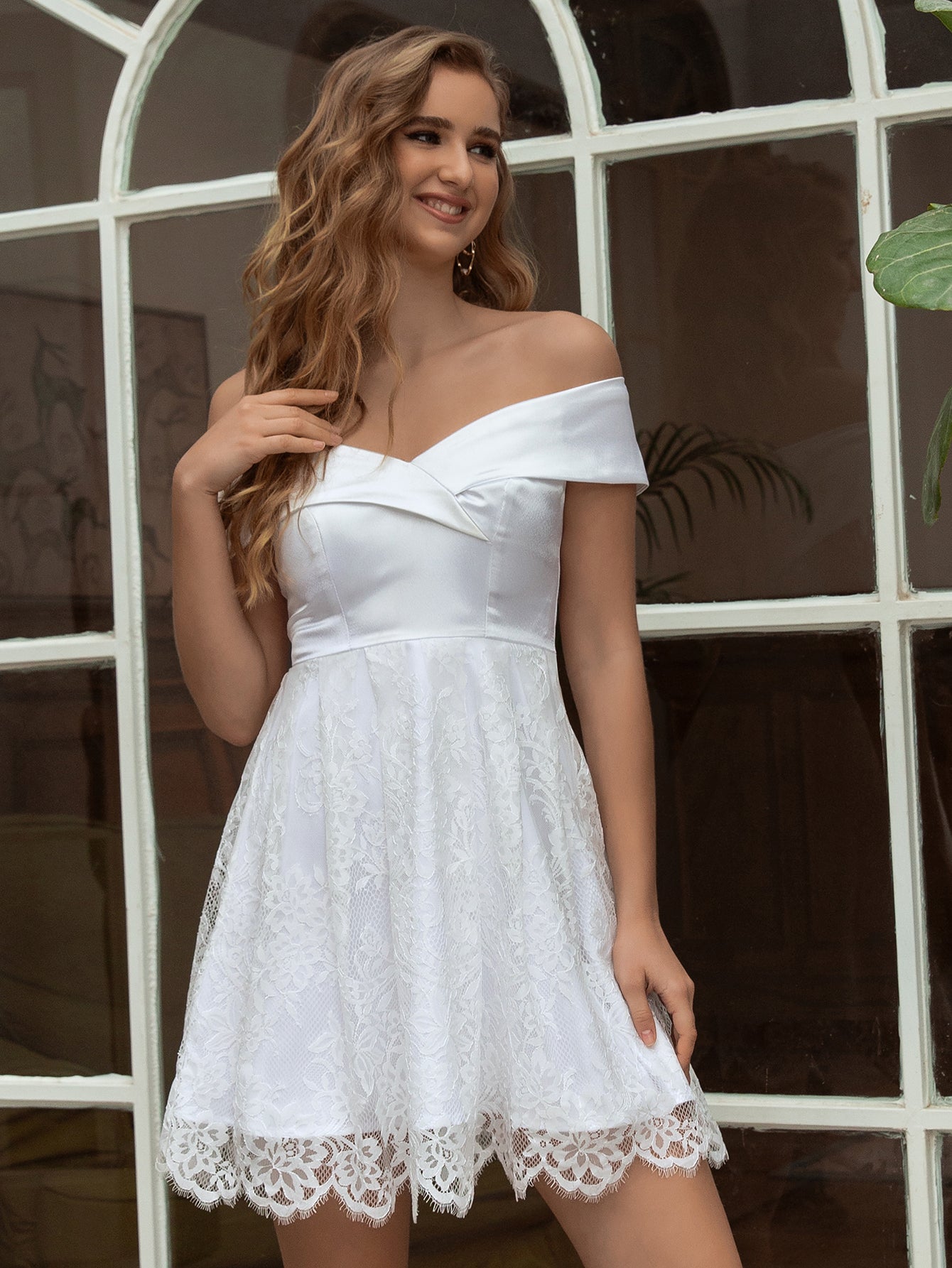 Angel-fashions Women's Off Shoulder Satin A-Line White Floral Lace Prom Short C image 6
