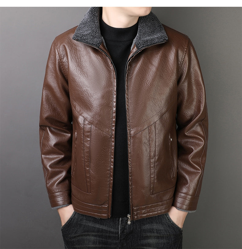 Winter Men's Fur Collar Leather Jacket Fashion Simple Solid Color Windproof Car image 8