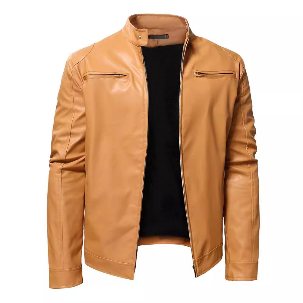 Autumn Mens Stand Collar Jacket Coat Black Leather Motorcycle Jacket Solid Colo image 3