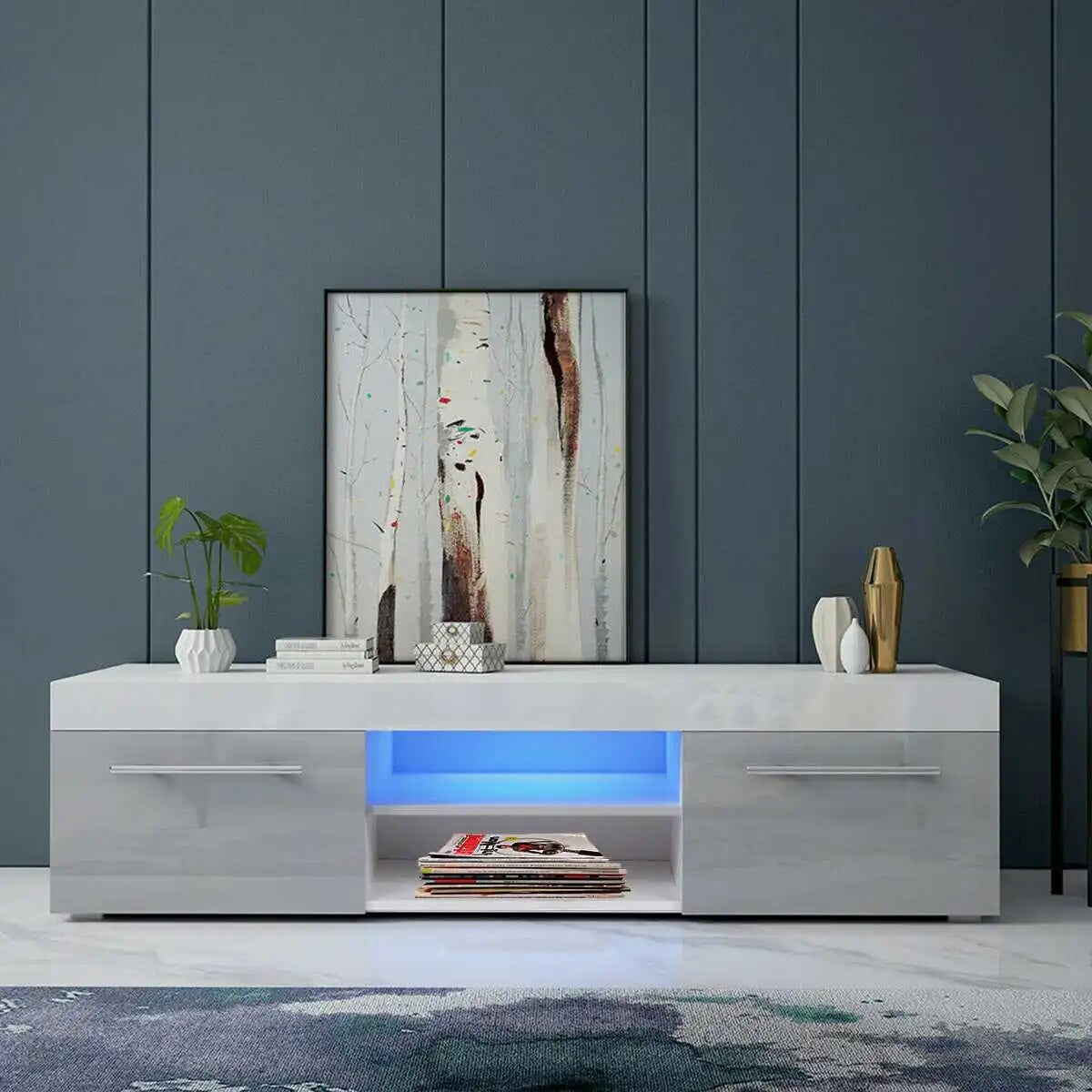 51'' High Gloss Modern TV Unit Bracket with LED Light TV Stands Living Room Fur image 2