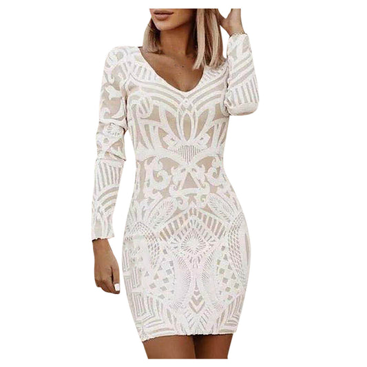 Elegant Party Sheath White Dress Women Spring Sexy Slim Long Sleeve Embroidered image 0