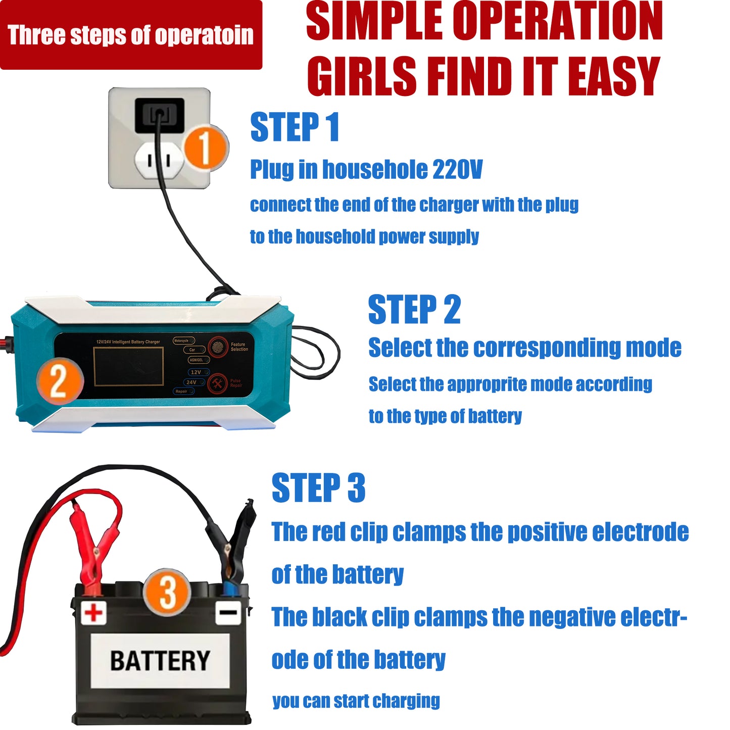 Battery Charger 12V/24V 4/8-Amp Smart Car Battery Charger with Battery Maintain image 3