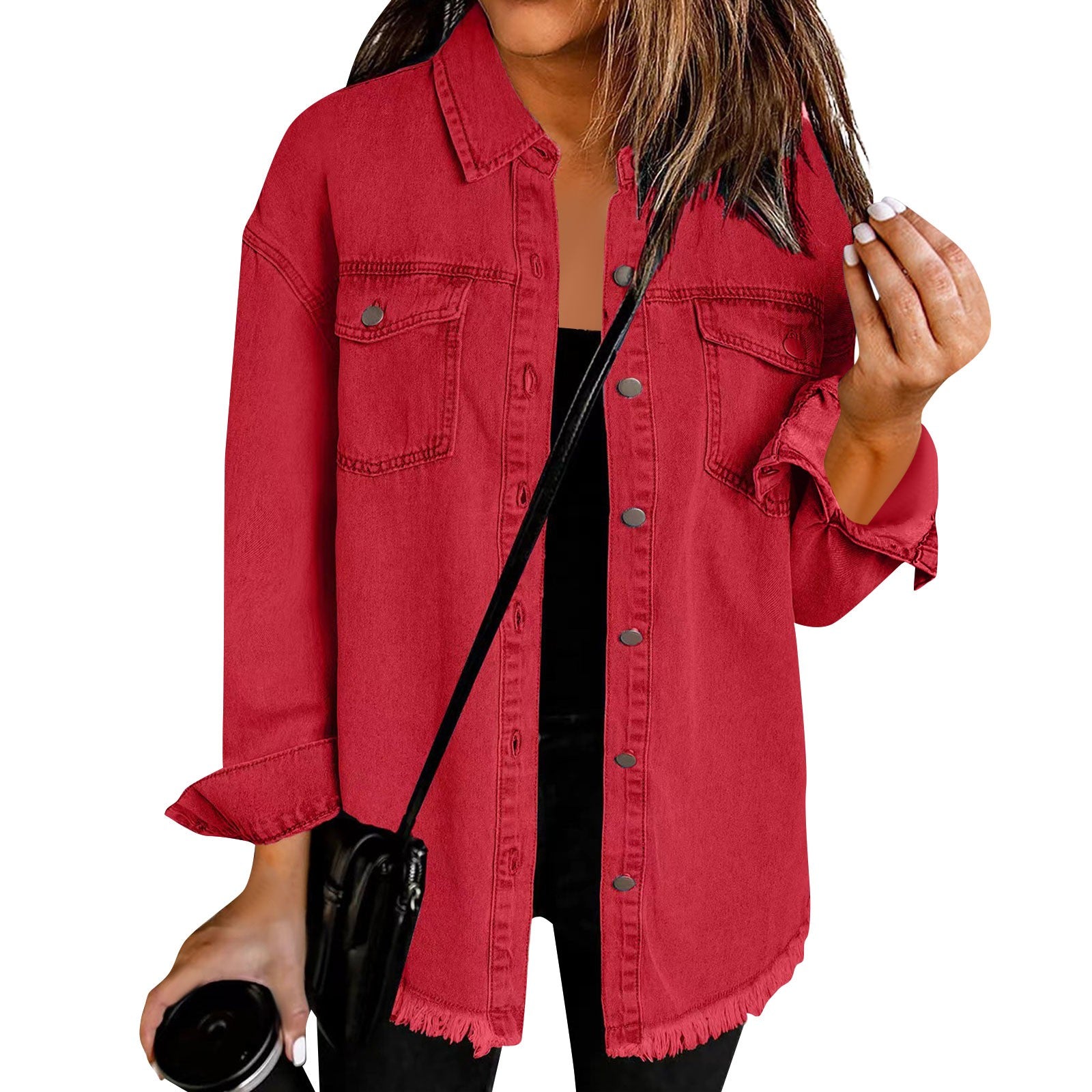 Women'S Fashion Denim Shirt Jacket Milled Hem Button Casual Long Sleeve Jacket  image 1