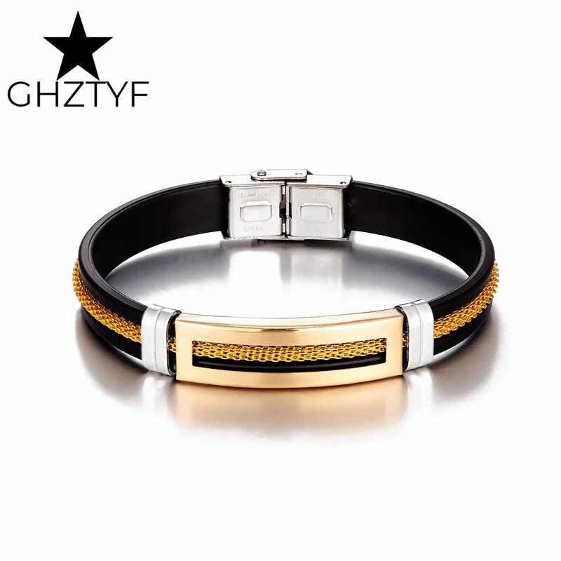 Golden Chain Stainless Steel Bracelets for Men Women Teens Black Rubber Belt Wr image 4