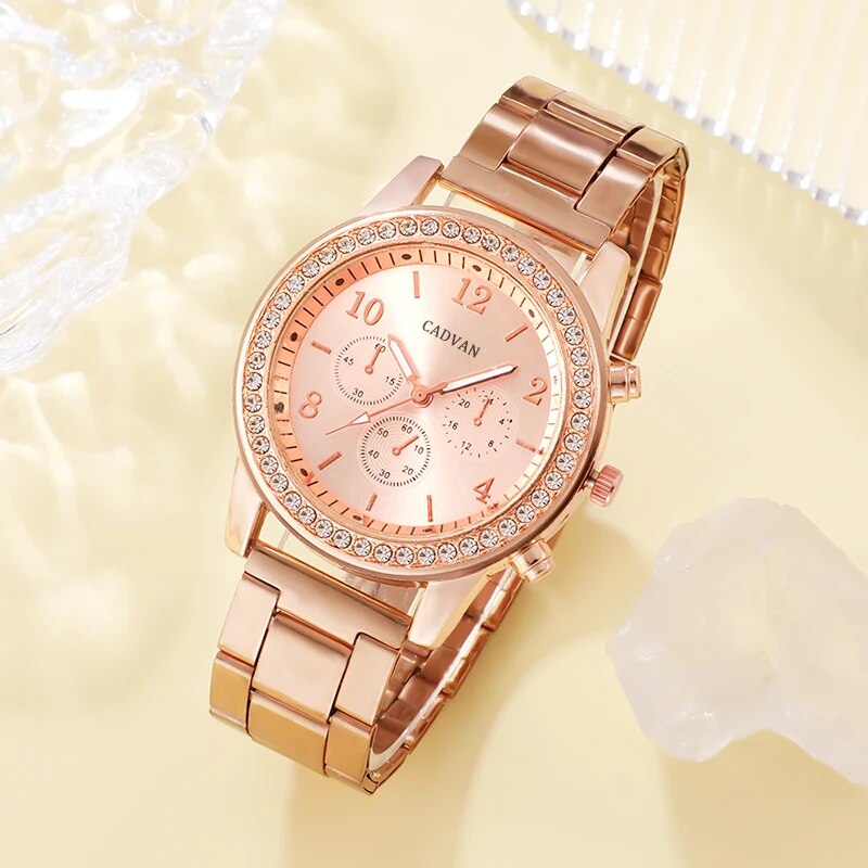6PCS Set Rose Gold Luxury Watch Women Ring Necklace Earring Rhinestone Fashion image 4