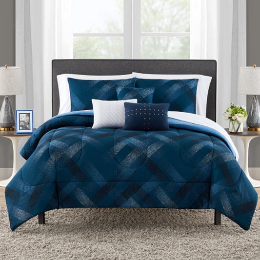 Mainstays Navy Plaid 10 Piece Bed in a Bag Comforter Set With Sheets, Queen image 0
