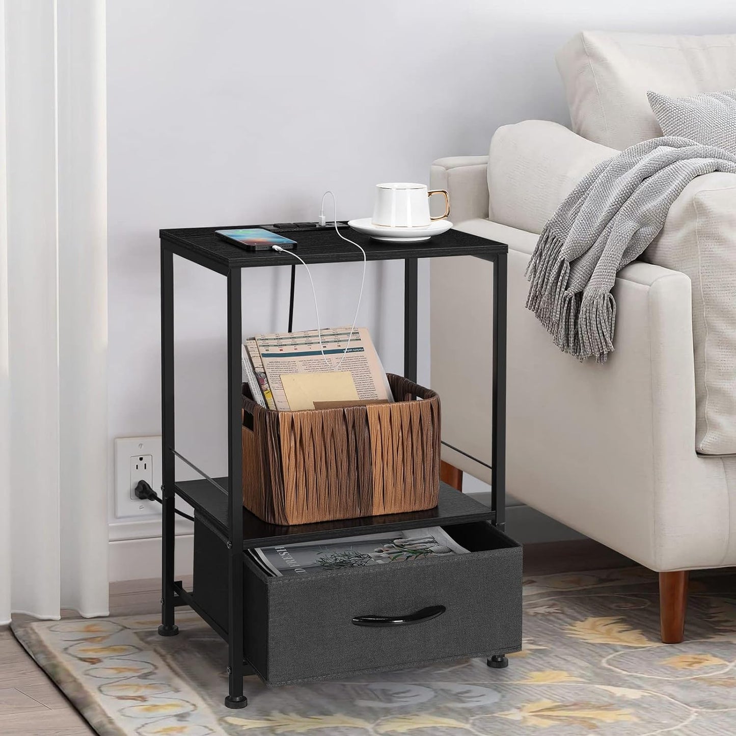 Nightstand with Charging Station Side End Table Fabric Sliding Storage Drawer B image 4