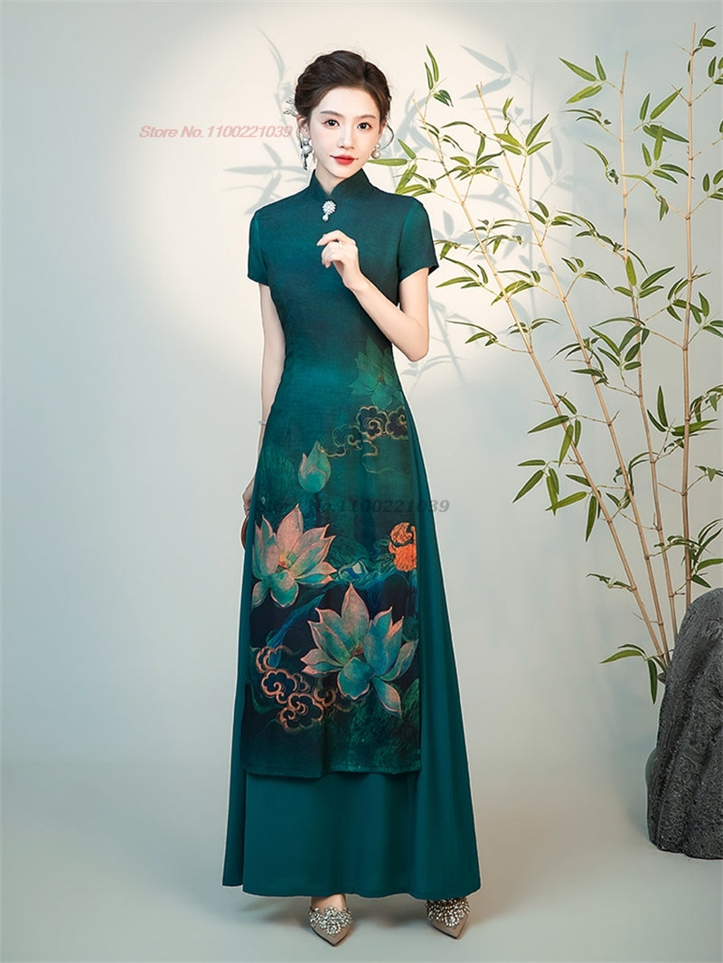 2024 vietnam traditional ao dai dress national flower print improved cheongsam  image 3