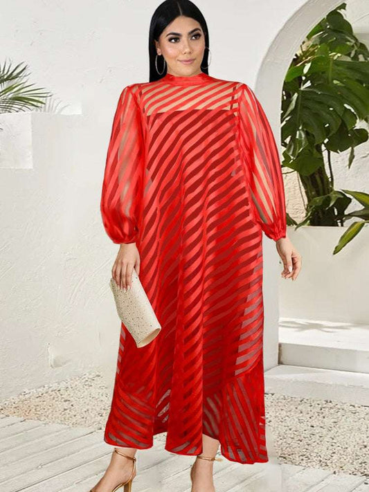 Shirt Dresses Plus Size Women Long Sleeve Red Striped Stand Collar See Through a image 0