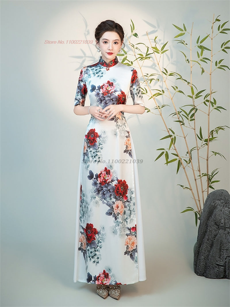 2024 vietnam traditional aodai dress chinese improved qipao national flower pri image 1