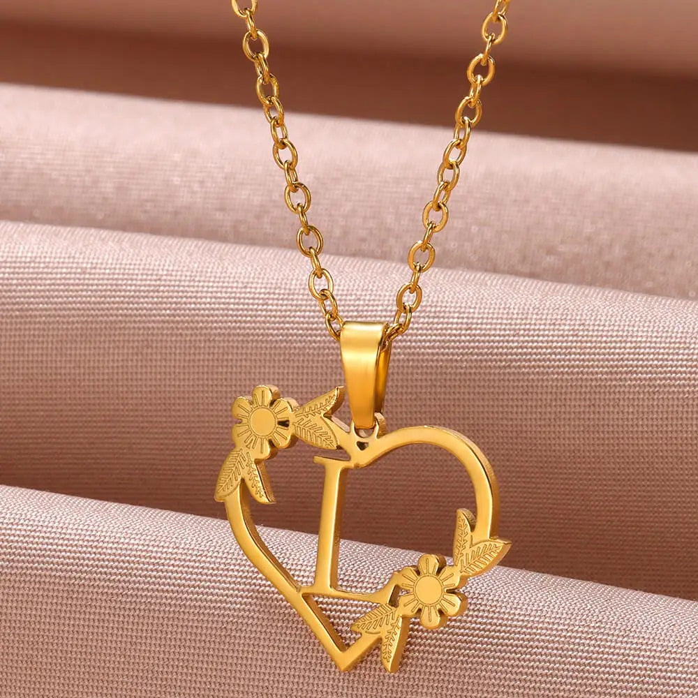 Gold Color Dainty Flower Initials Necklace Women Girl Stainless Steel Heart Let image 11
