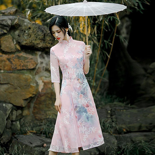 Summer chiffon ao dai elegant dress qipao oriental printing dress qipao vietnam image 0