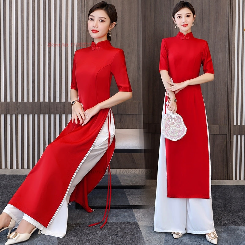 2024 vietnam aodai dress cheongsam national flower embroidery dress+pants set i image 1