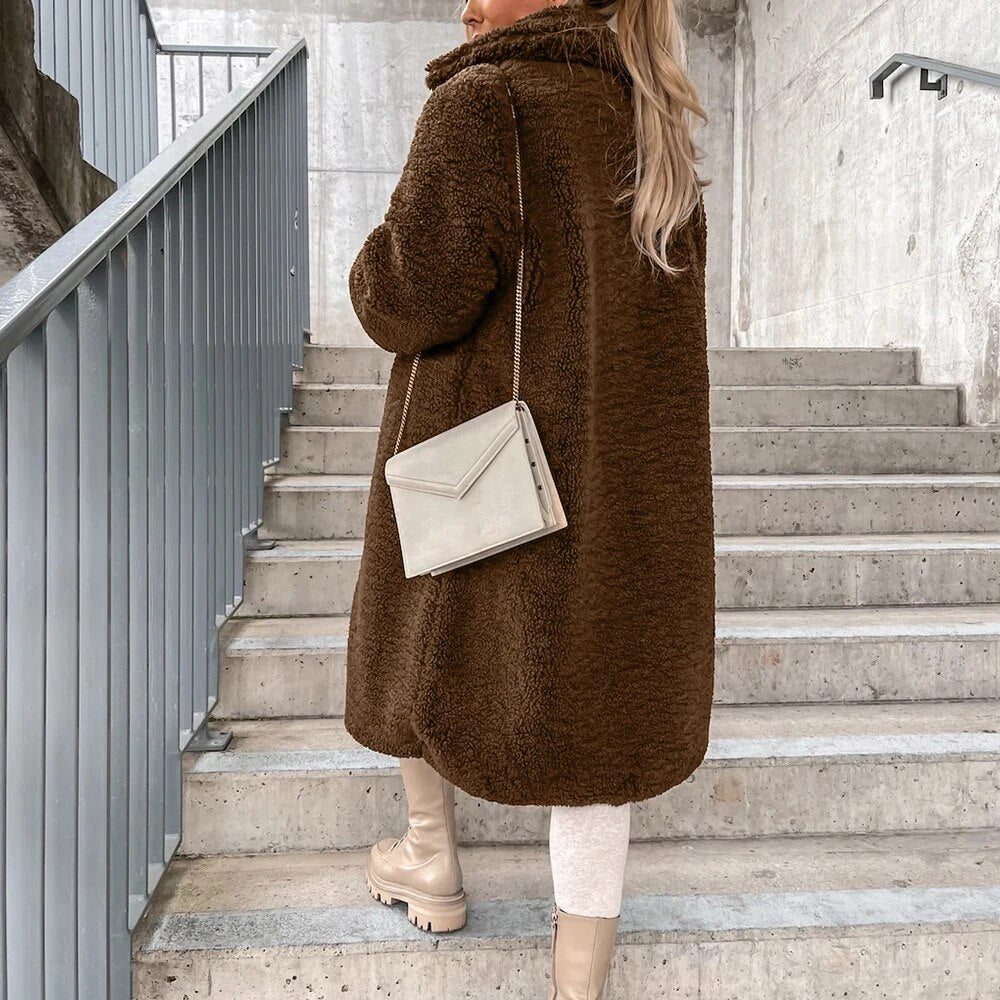 Fall/Winter New Flannel Coat Women Casual Solid Color Plush Lapel Long Sleeve J image 7