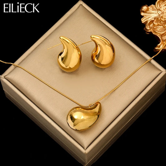 EILIECK 316L Stainless Steel Gold Color Water Drops Necklace Earrings Trendy Fo image 0