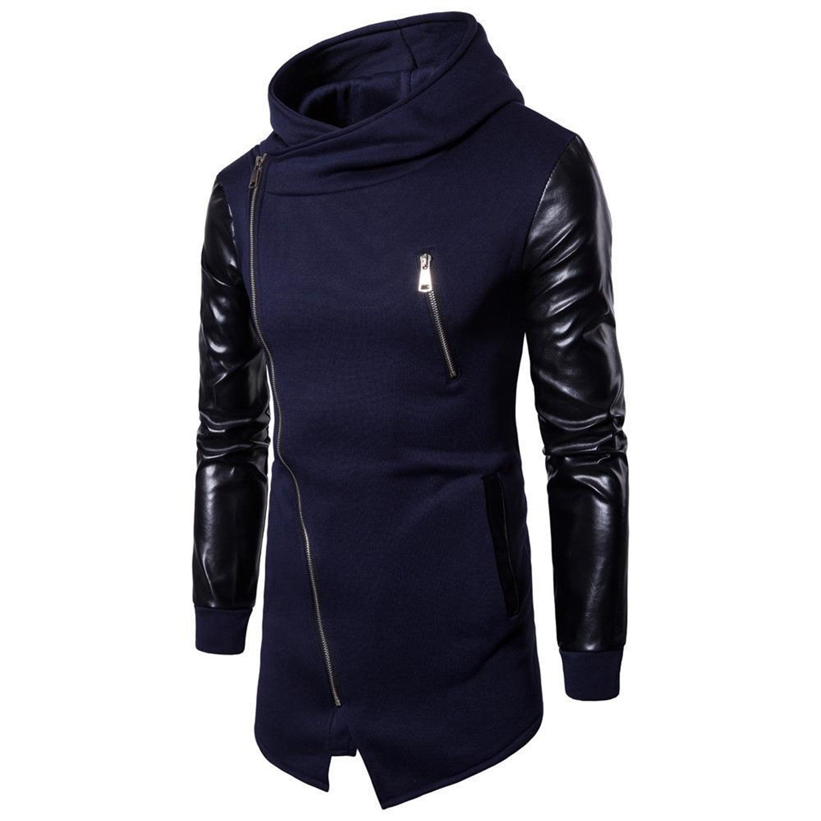Gothic Men Fashion Hooded Sweatshirts PU Leather Patchwork Side Zipper Medium L image 0