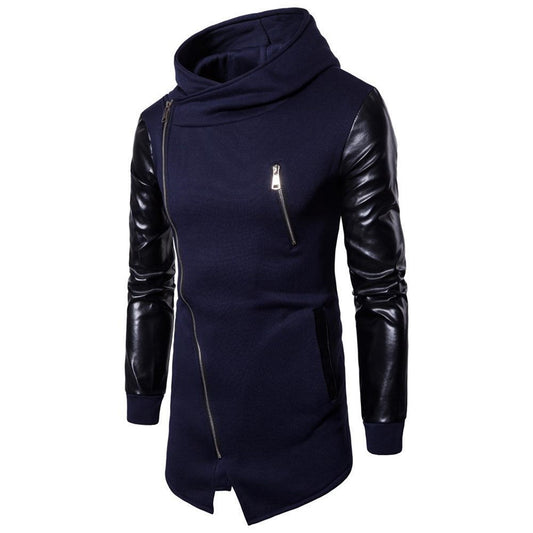 Gothic Men Fashion Hooded Sweatshirts PU Leather Patchwork Side Zipper Medium L image 0